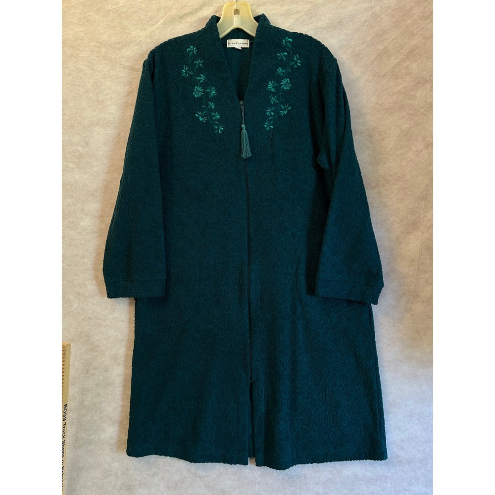 Miss Elaine Teal Green Textured Zip Front Robe Floral Embroidered Tassel Small